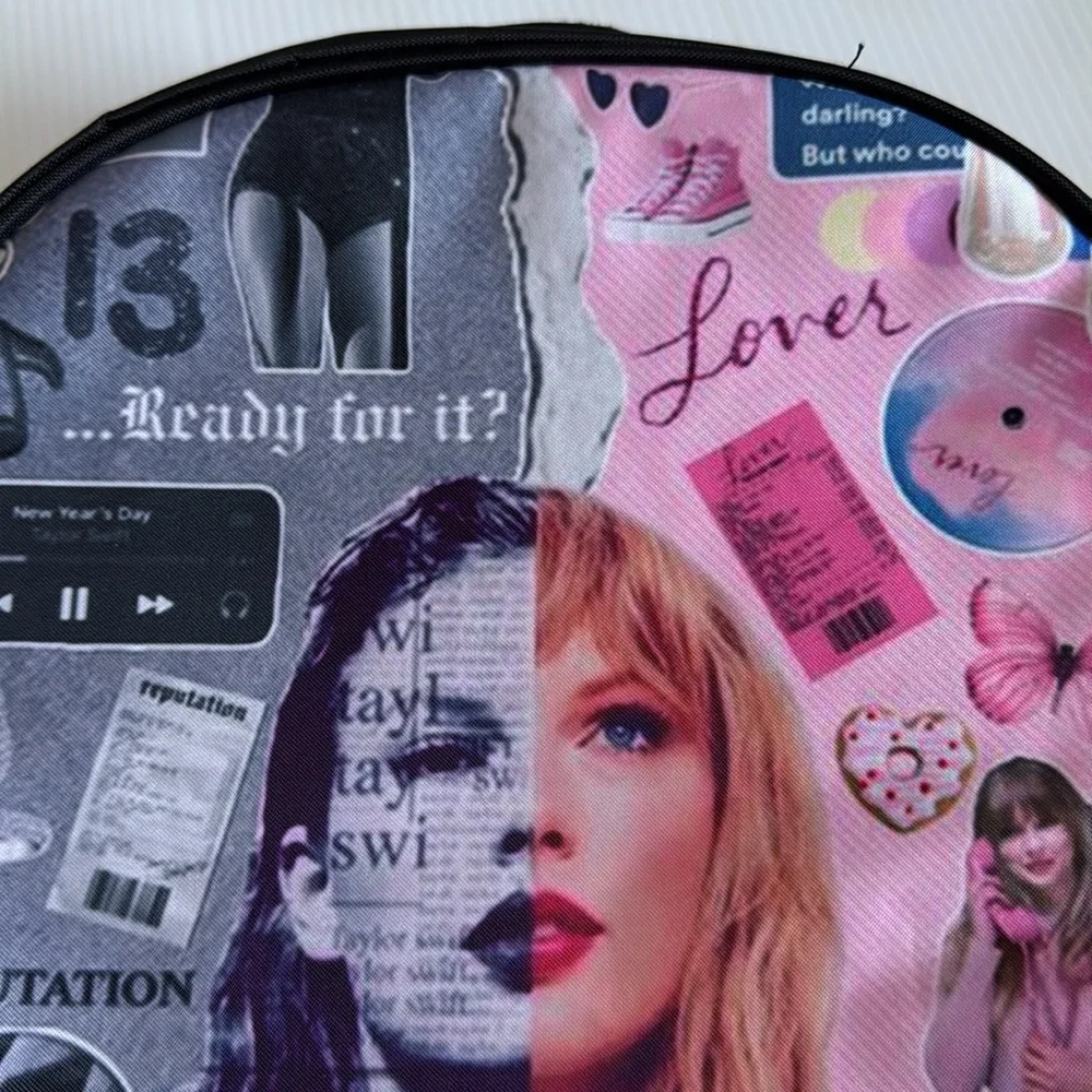 Taylor Swift inspired black, pink & gray collage backpack.